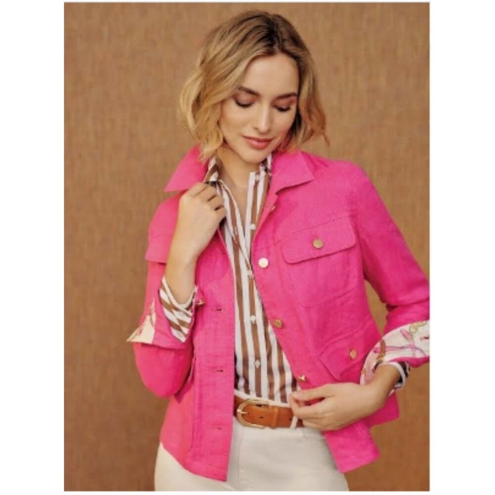 J.McLaughlin Willow Hot Pink Linen Utility Jacket Patterned Cuff M Gold Button